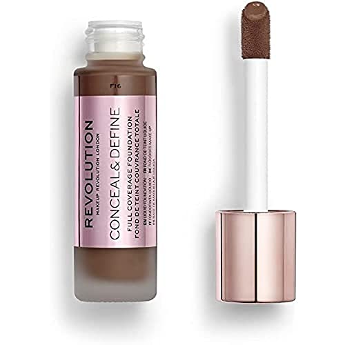 Makeup Revolution Conceal & Define Foundation, Cream Foundation Makeup, Full Coverage, For Dark Skin Tones, Vegan & Cruelty-Free, F16, 23ml