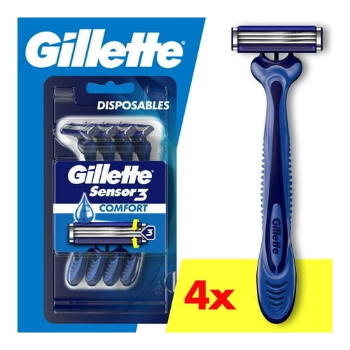 Gillette Sensor3 Men's Disposable Razor, Blue, 4 Razors