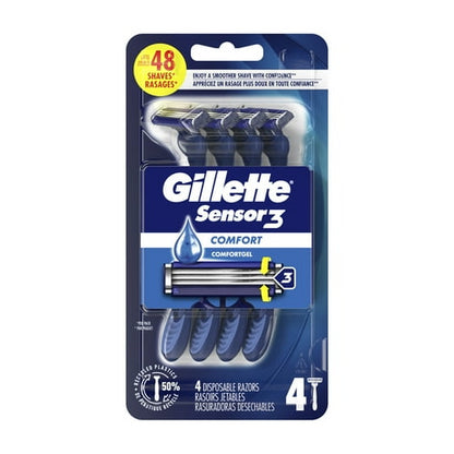 Gillette Sensor3 Men's Disposable Razor, Blue, 4 Razors
