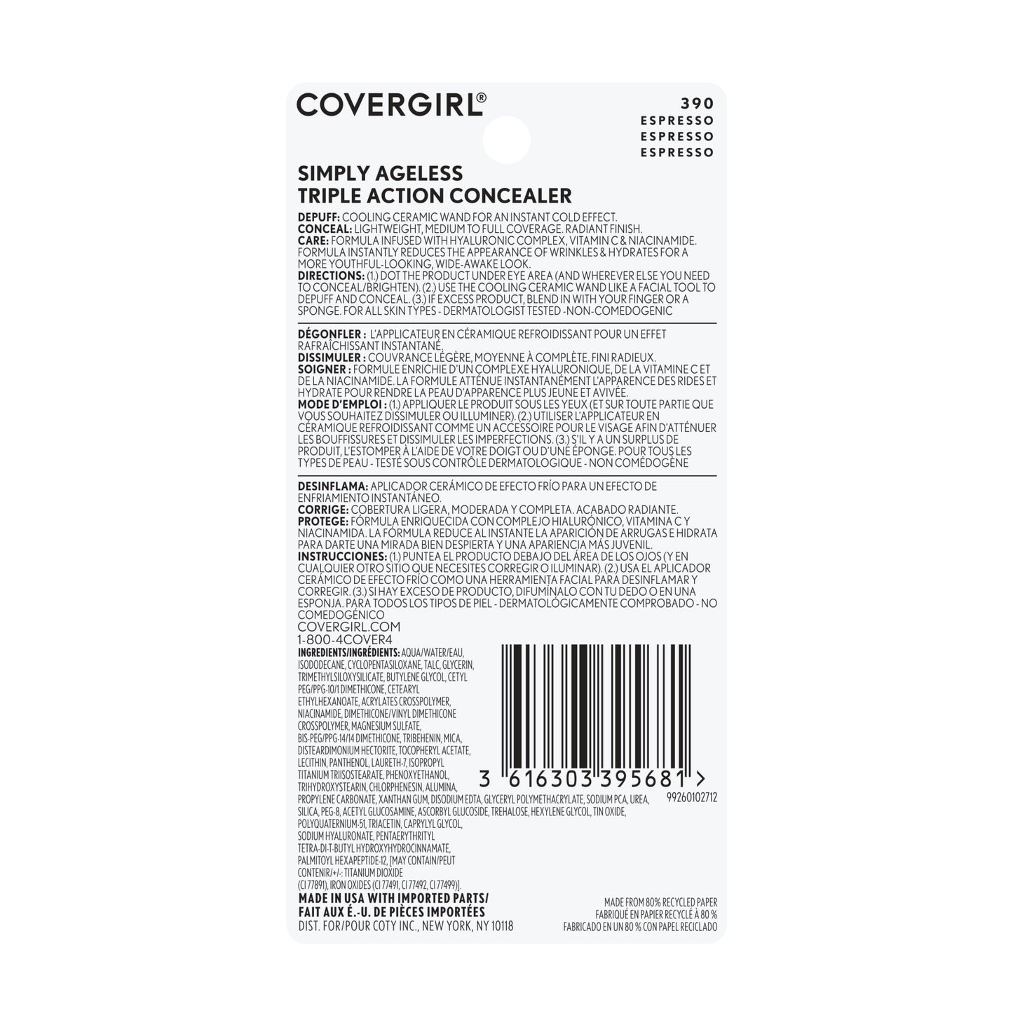 COVERGIRL Simply Ageless Triple Action Concealer, 390 Espresso, 0.24 fl oz