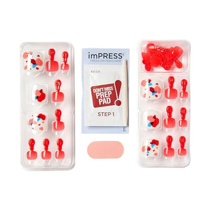 KISS imPRESS No Glue Pedi Press-On Toenails, Ruby, Red, White, Squoval Shape, Includes 24 Nails, Prep Pad, 1 Manicure Stick, 1 Mini File