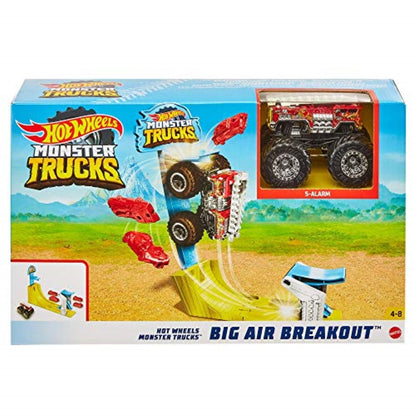 Hot Wheels Monster Trucks Big Air Breakout Play Set with 5 Alarm 1:64 Scale die-cast Metal Body Monster Truck 4 Plastic Crushed Cars 1 Slam Launcher and Ramp for Vertical Crashing for 3-7 Year Olds