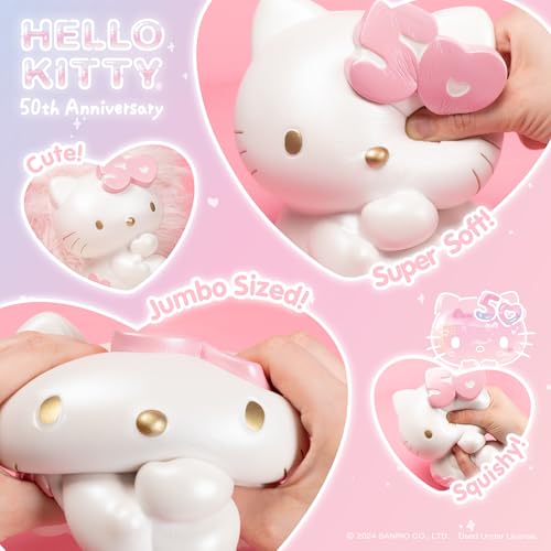 Hamee Sanrio Hello Kitty 50th Anniversary Jumbo Squishy Toy Limited Edition Collectible Slow Rising Cute SquiSHU Pearl Finish Birthday Gift, Party Favors, Stress Relief – Hello Kitty (Pink Bow)