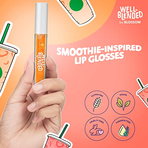 Blossom Lip Gloss Well Blended Fruit Flavored Smoothie Inspired Moisturizing Lip Care, Hydrating Lip Gloss with Wand Applicator, 0.10oz, Just Peachy