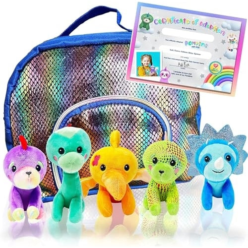 Pomkins Gift Bag with a set of 5 Plush Stuffed Dinosaurs + FREE PDF Gift Certificate - Perfect Unisex Gift for Kids Ages 3+