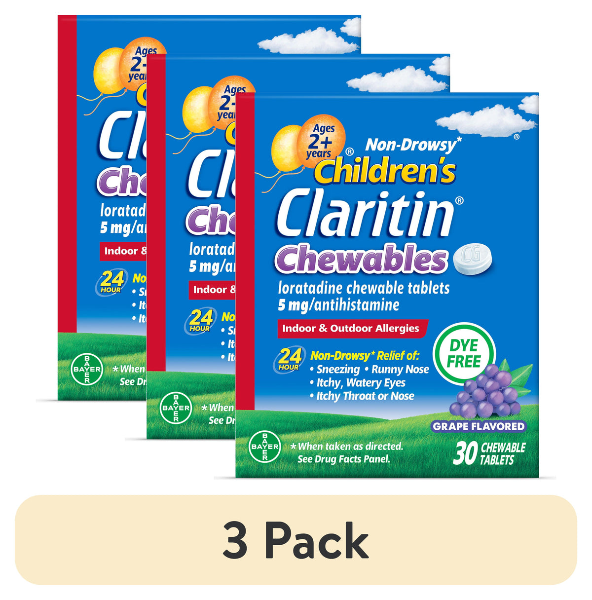 Children's Claritin 24 Hour Non-Drowsy Allergy Relief, Grape Chewable Tablets, Dye-free, 30 Count