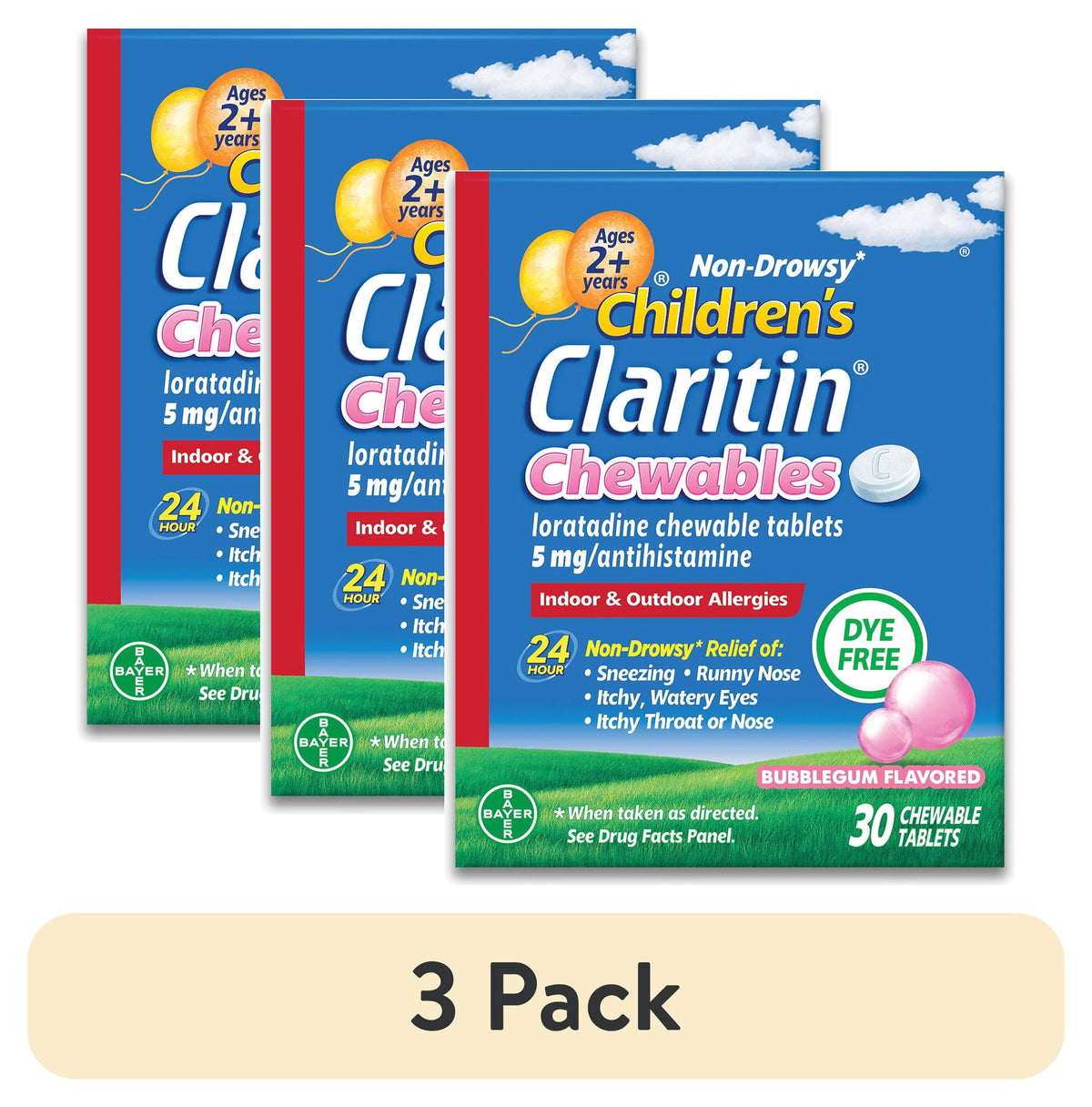 Children's Claritin 24 Hour Non-Drowsy Allergy Relief, Loratadine Antihistamine Bubblegum Chewable Tablets, Dye-free, 30 Count
