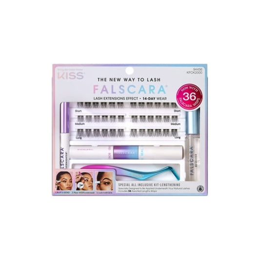 KISS Falscara Starter Kit Deluxe, Lash Extension Kit, Lengthening Wisps, 10mm-12mm-14mm, 36 Lash Clusters