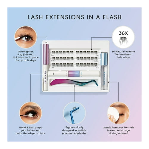 KISS Falscara Starter Kit Deluxe, Lash Extension Kit, Lengthening Wisps, 10mm-12mm-14mm, 36 Lash Clusters