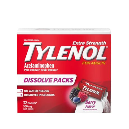 Tylenol Extra Strength Dissolve Packs, 500 mg Acetaminophen Pain Reliever & Fever Reducer, On-The-Go Powder Packets for Minor Aches & Pains, Ibuprofen- & Aspirin-Free, Berry Flavor, 32 ct