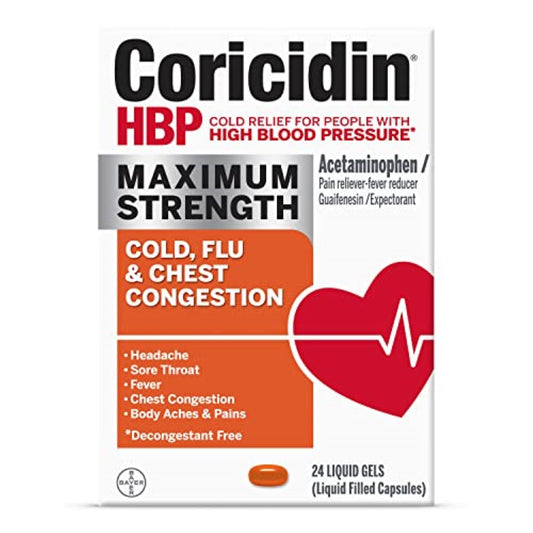 Coricidin HBP, Decongestant-Free Cold Symptom Relief for People with High Blood Pressure, Maximum Strength, Flu & Chest Congestion Liquid Gels, 24 Count
