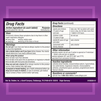 Allegra Adult Non-Drowsy Antihistamine Tablets, 5-Count, 24-Hour Allergy Relief, 180 mg