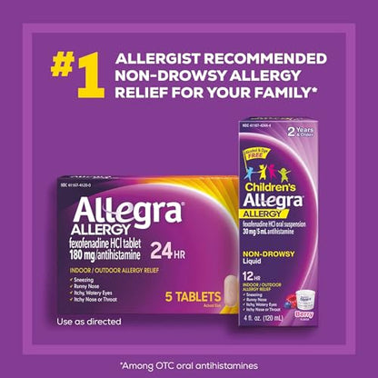 Allegra Adult Non-Drowsy Antihistamine Tablets, 5-Count, 24-Hour Allergy Relief, 180 mg