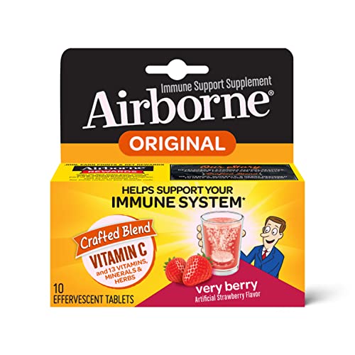 Airborne 1000mg Vitamin C with Zinc Effervescent Tablets, Immune Support Supplement with Powerful Antioxidants Vitamins A C & E - 10 Fizzy Drink Tablets, Very Berry Flavor