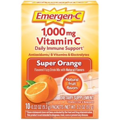 Emergen-C 1000mg Vitamin C Powder for Daily Immune Support Caffeine Free Vitamin C Supplements with Zinc and Manganese, B Vitamins and Electrolytes, Super Orange Flavor - 10 Count