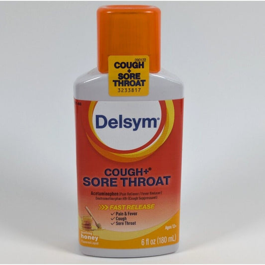 Delsym Cough + Sore Throat Pain & Fever Liquid Honey Flavor 6 fl oz Exp 12/25