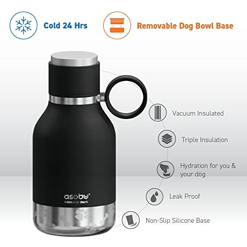 Asobu Dog Bowl Attached to Stainless Steel Insulated Travel Bottle for Human 33 Ounce (Black)