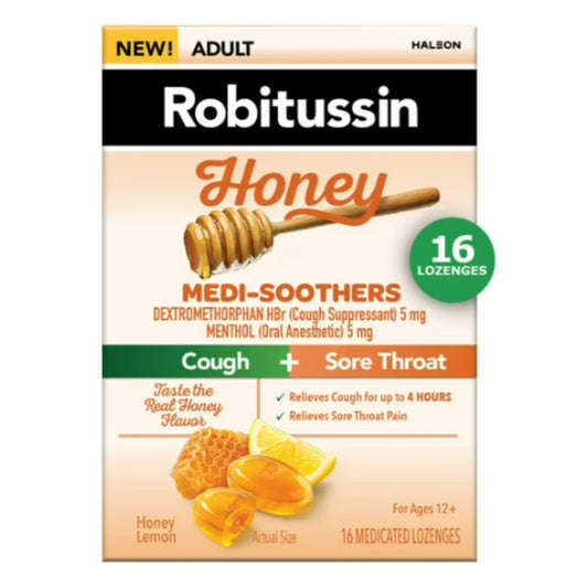 Robitussin Medi-Soothers Honey Lemon Throat Lozenges, Long-Lasting Cough + Pain Relief - 16 Ct