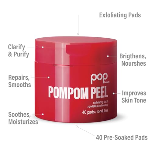 POP Beauty POMPOM PEEL - 40 Pre-Soaked Exfoliating Pads, Renewing, Purifying, Brightening, Smoothes, Pomegranate, Witch Hazel, Glycolic Acid, Arginine, Uncomplicated Skincare