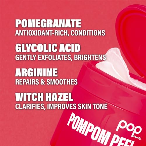 POP Beauty POMPOM PEEL - 40 Pre-Soaked Exfoliating Pads, Renewing, Purifying, Brightening, Smoothes, Pomegranate, Witch Hazel, Glycolic Acid, Arginine, Uncomplicated Skincare