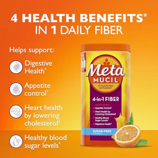 Metamucil 4 in 1 Daily Fiber Supplement Powder, Fiber Powder for Digestive Health and Regularity*, Sugar-Free, Orange, Naturally Sourced Psyllium Fiber, 114 teaspoons