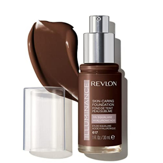 Revlon Illuminance Skin-Caring Liquid Foundation, Hyaluronic Acid, Hydrating and Nourishing Formula with Medium Coverage, 617 Ebony, 1 fl oz