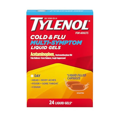 Tylenol Daytime Cold & Flu Multi-Symptom Liquid Gels, Cold & Flu Relief Medicine, Pain Reliever & Fever Reducer + Cough Suppressant, Acetaminophen 325 mg, Dextromethorphan HBr 10 mg, 24 ct