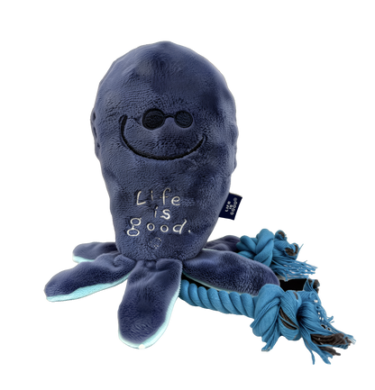 Life is Good Dog Toy Plush with Rope and Squaker 9 1/2 Tall, Octapus, Great for Tug of War Playing