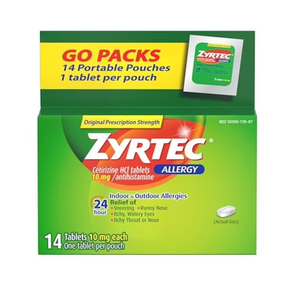 Zyrtec 24 Hour Allergy Relief Tablets, Allergy Medicine with 10 mg Cetirizine HCl per Antihistamine Tablet for Allergies, On-The-Go Relief, Individual Travel Pouches, 14 ct, (14 x 1 ct)