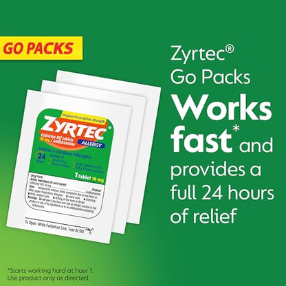 Zyrtec 24 Hour Allergy Relief Tablets, Allergy Medicine with 10 mg Cetirizine HCl per Antihistamine Tablet for Allergies, On-The-Go Relief, Individual Travel Pouches, 14 ct, (14 x 1 ct)