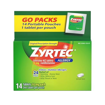 Zyrtec 24 Hour Allergy Relief Tablets, Allergy Medicine with 10 mg Cetirizine HCl per Antihistamine Tablet for Allergies, On-The-Go Relief, Individual Travel Pouches, 14 ct, (14 x 1 ct)