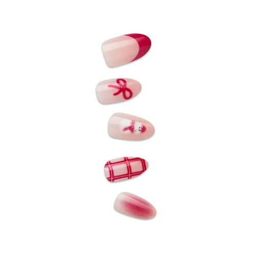 KISS imPRESS Holiday Press on Nails, Design, Yule Be Happy, Pink, Medium Almond, 30 Count