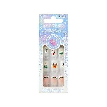 KISS imPRESS Holiday Press on Nails, Design, Holiday Playlist, White, Short Squoval, 30 Count
