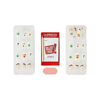 KISS imPRESS Holiday Press on Nails, Design, Holiday Playlist, White, Short Squoval, 30 Count