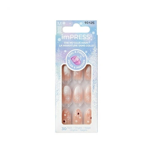 KISS imPRESS Holiday Press on Nails, Design, Timeless Carols, Beige, Medium Almond, 30 Count