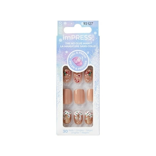 KISS imPRESS Holiday Press on Nails, Design, Cozy With Me, Beige, Short Squoval, 30 Count