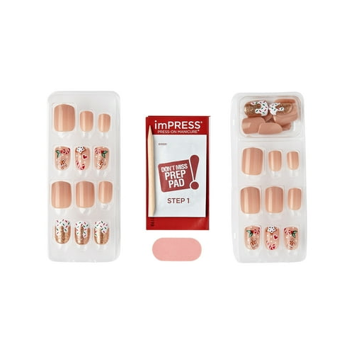 KISS imPRESS Holiday Press on Nails, Design, Cozy With Me, Beige, Short Squoval, 30 Count