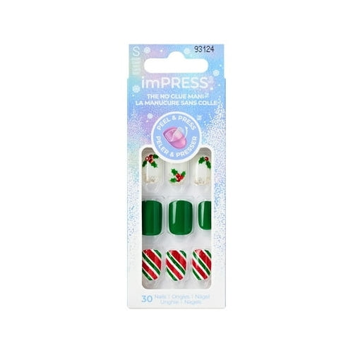 KISS imPRESS Holiday Press on Nails, Festive Lights, Green, Short Squoval, 30 Count