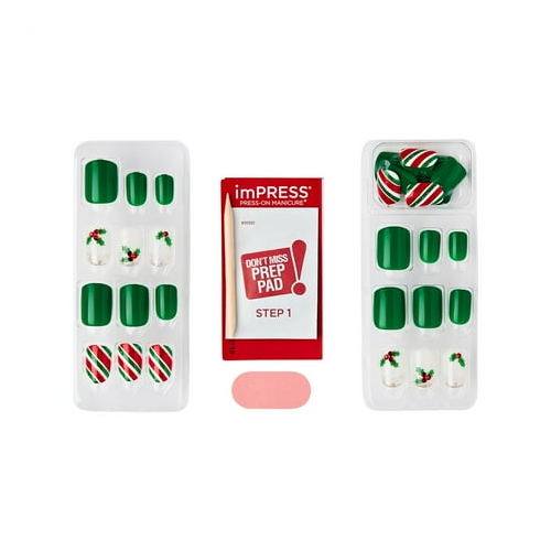 KISS imPRESS Holiday Press on Nails, Festive Lights, Green, Short Squoval, 30 Count