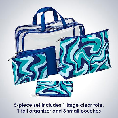 Conair 5 Piece Toiletry and Cosmetic Bag Set Under $30, Includes 1 Large Weekender Bag and 4 Organizer Bags in Blue Swirl Prints