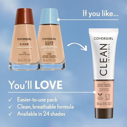 COVERGIRL Clean Invisible Foundation Makeup, Dewy & Glowy Natural Finish, Buildable Coverage, Skin-Like Smooth Look, Vegan, Deep Bronze, 1oz