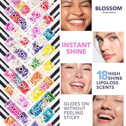 Blossom Roll on Lip Gloss, Scented Clear High Shine Moisturizing Lip Oil, Non Sticky, Infused with Real Flowers, Made in USA, 0.2oz, Strawberry