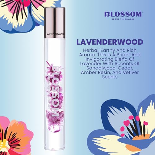 Blossom Roll on Perfume for Women Alcohol Free Rollerball Perfume Oil with Essential Oils, Infused with Real Flowers, Made in USA, 0.20oz (Sandalwood, cedar, Amber, Vetiver), Lavenderwood
