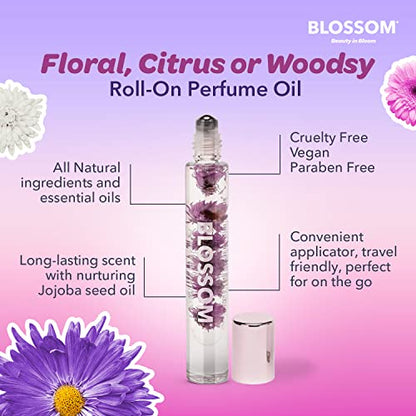 Blossom Roll on Perfume for Women Alcohol Free Rollerball Perfume Oil with Essential Oils, Infused with Real Flowers, Made in USA, 0.20oz (Sandalwood, cedar, Amber, Vetiver), Lavenderwood