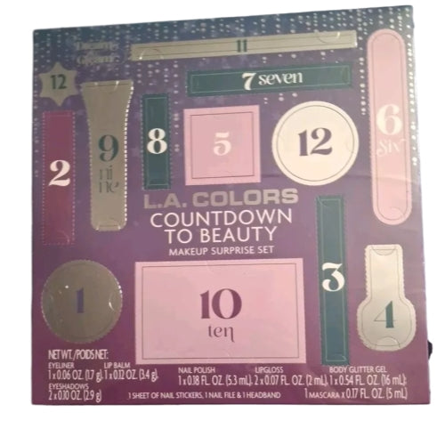 L.A. Colors Countdown To Beaty Makeup Surprise 12 Piece Set - Eyeshadow, Lipgloss, Mascara. Eyeliner,Lip Balm and more