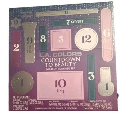 L.A. Colors Countdown To Beaty Makeup Surprise 12 Piece Set - Eyeshadow, Lipgloss, Mascara. Eyeliner,Lip Balm and more