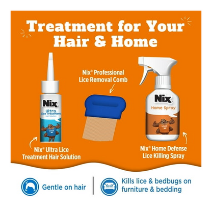 Nix Ultra Lice Removal Kit, 3.4oz Lice Treatment Hair Solution & Comb + 5oz Home Bedbug Spray, 1 Kit