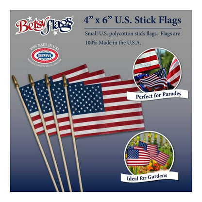 American Polycotton Stick Flag, 4" x 6" by Betsy Flags, 4-Pack