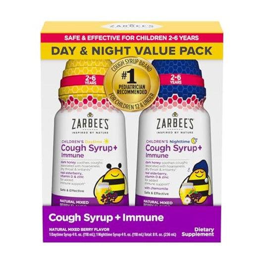 Zarbee's Children's Honey Cough Syrup + Immune Day & Night Value Pack, Daytime & Nighttime Toddler Cough Syrup with Dark Honey, Real Elderberry, Vitamin D, & Zinc, Mixed Berry, Two Pack, 2 x 4 fl. oz