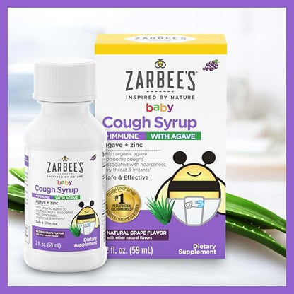 Zarbee's Baby Cough Syrup + Immune with Organic Agave + Zinc; Natural Grape Flavor; for Babies 6+ Months, 2 Fl Oz(Pack of 1)
